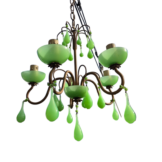 Lustre italien 5 feux en verre opalin vert à l'uranium - ouraline - Ref 1424