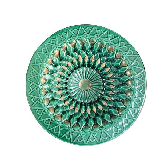 Grande coupe à fruits en barbotine ajourée émaillée vert et or - Ref 885