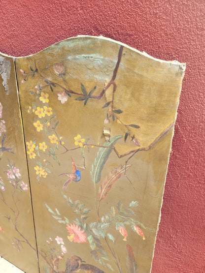 Paravent ancien peint à la main motifs oiseaux - Ref 1235