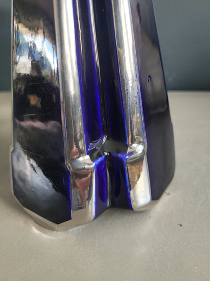 Vase pyramide art-deco Moulin des Loups & Hamage Nord - bleu et argent - Ref 959