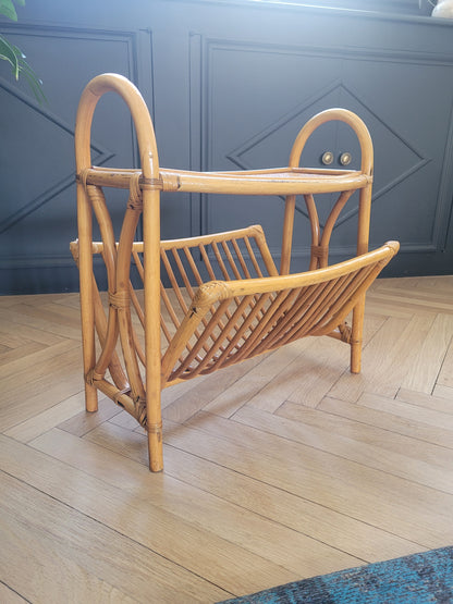 Porte-revues vintage à plateau en bambou et rotin - Ref 262