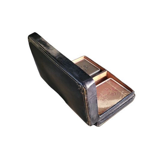 Coffret ancien de jeux de cartes FFB en cuir véritable- Ref 715