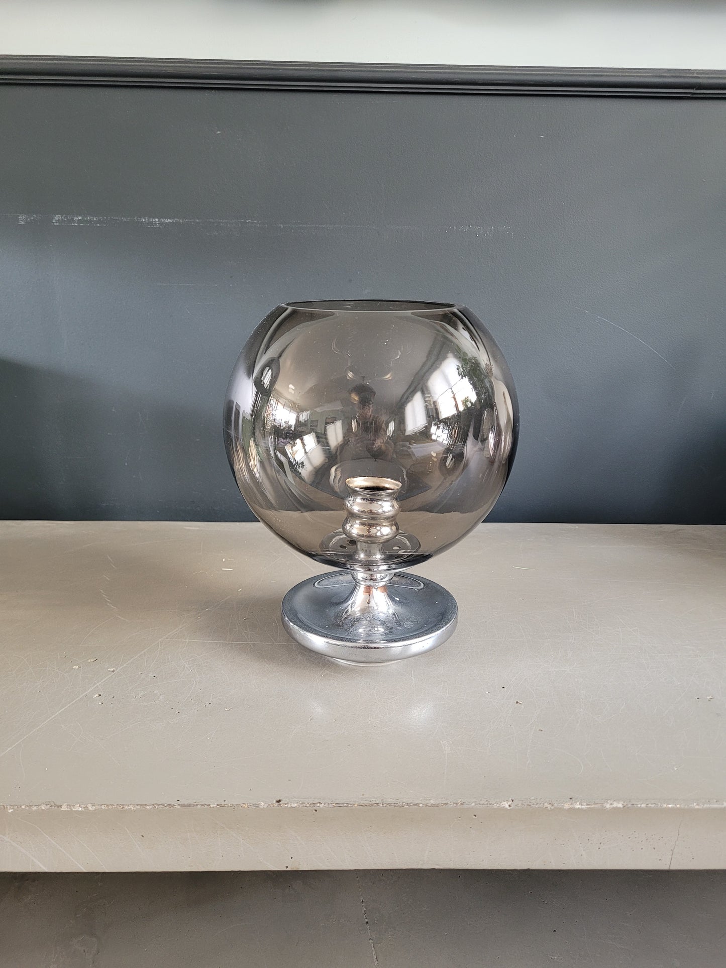 Photophore d'extérieur en verre fumé et chrome - Bougeoir - Ref 816