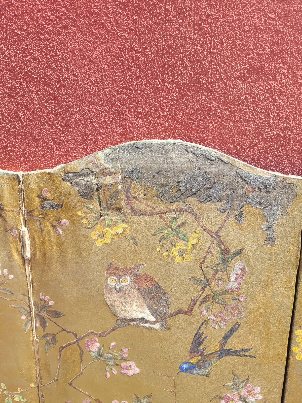 Paravent ancien peint à la main motifs oiseaux - Ref 1235