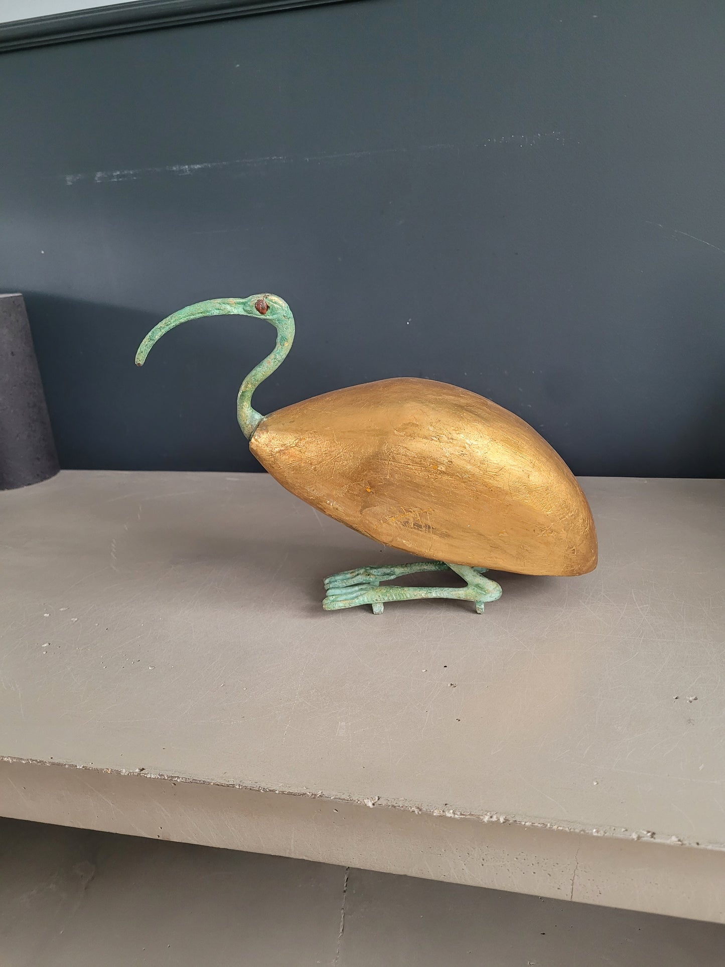 Oiseau décoratif en bois doré et métal vert de gris - Ref 766