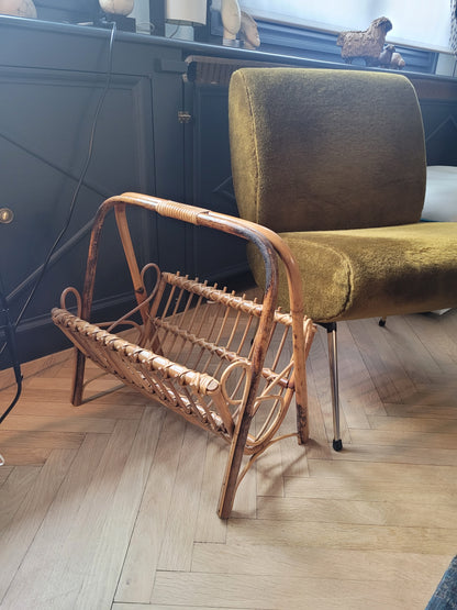 Porte-revues vintage en rotin et bambou - 981