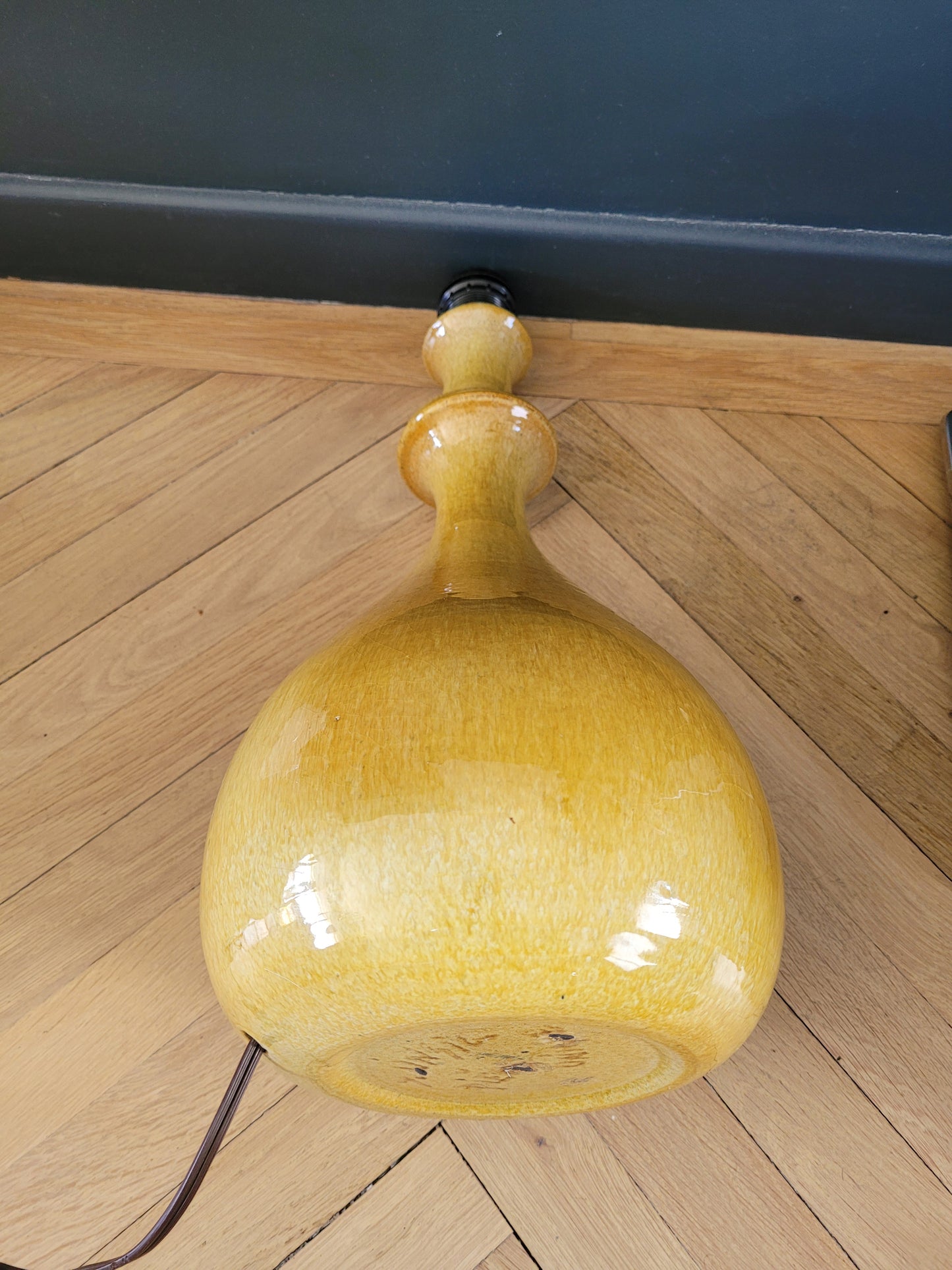 Pied de lampe en céramique émaillée jaune moutarde - Ref 266