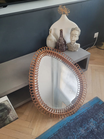 Grand miroir vintage en rotin et bambou - Ref 1211