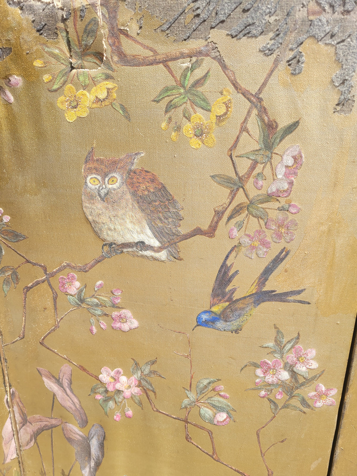 Paravent ancien peint à la main motifs oiseaux - Ref 1235