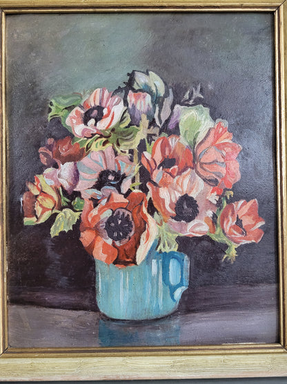 Tableau ancien encadré anémones - Nature morte -  799