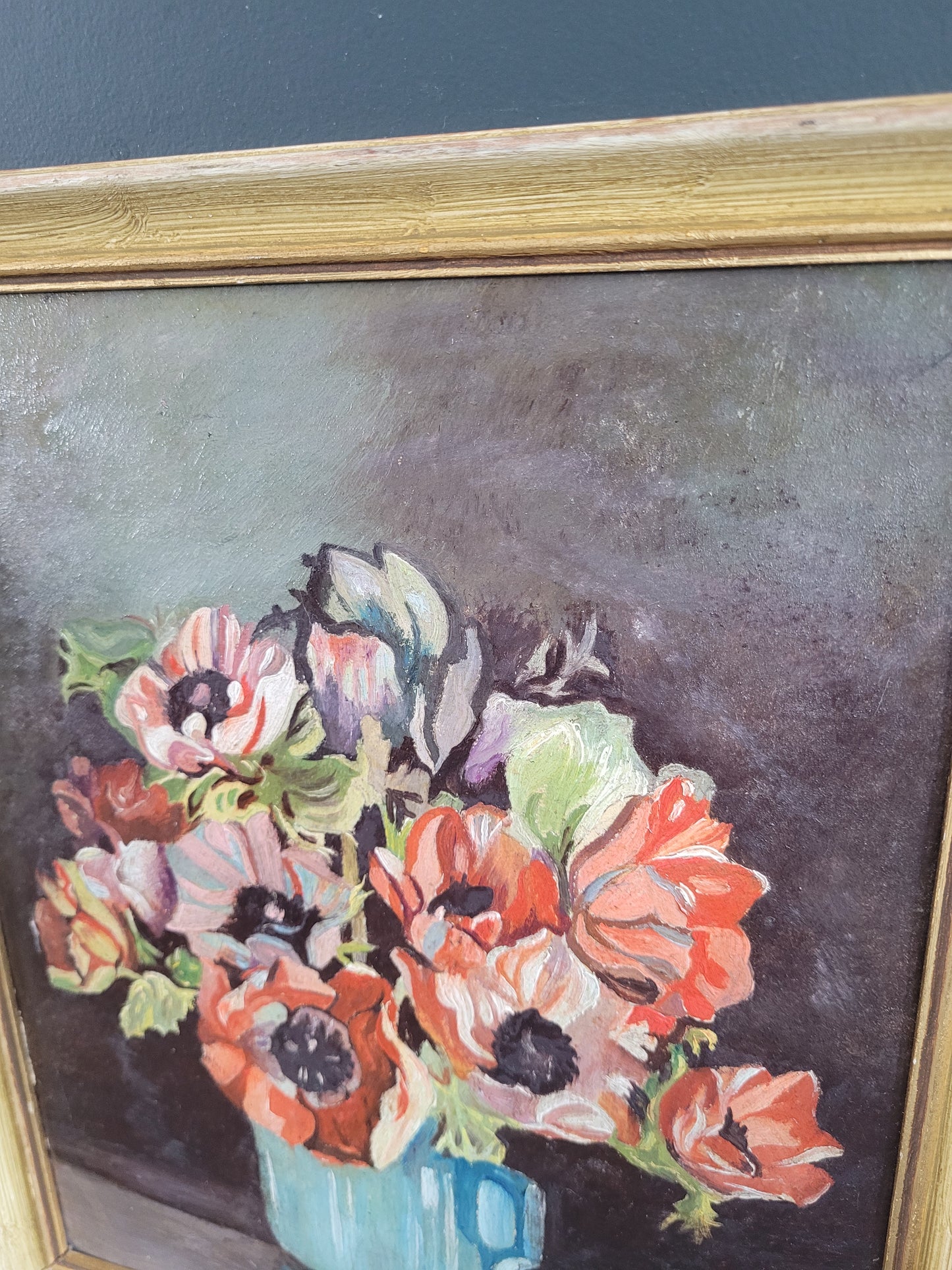 Tableau ancien encadré anémones - Nature morte -  799