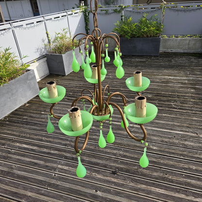 Lustre italien 5 feux en verre opalin vert à l'uranium - ouraline - Ref 1424