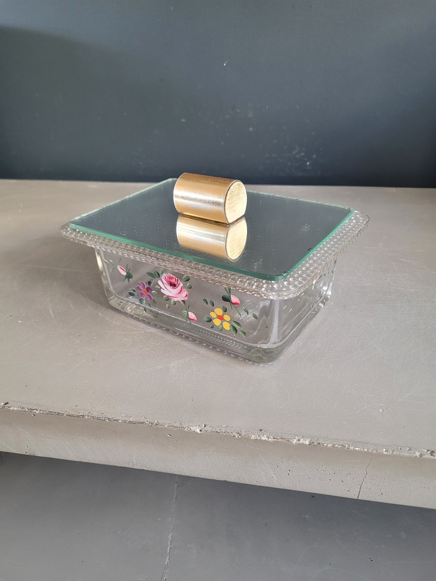 Boîte à sucre en verre peint à la main avec couvercle miroir - Ref 875
