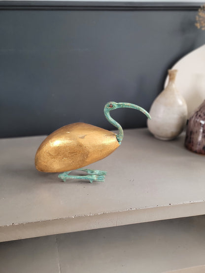 Oiseau décoratif en bois doré et métal vert de gris - Ref 766