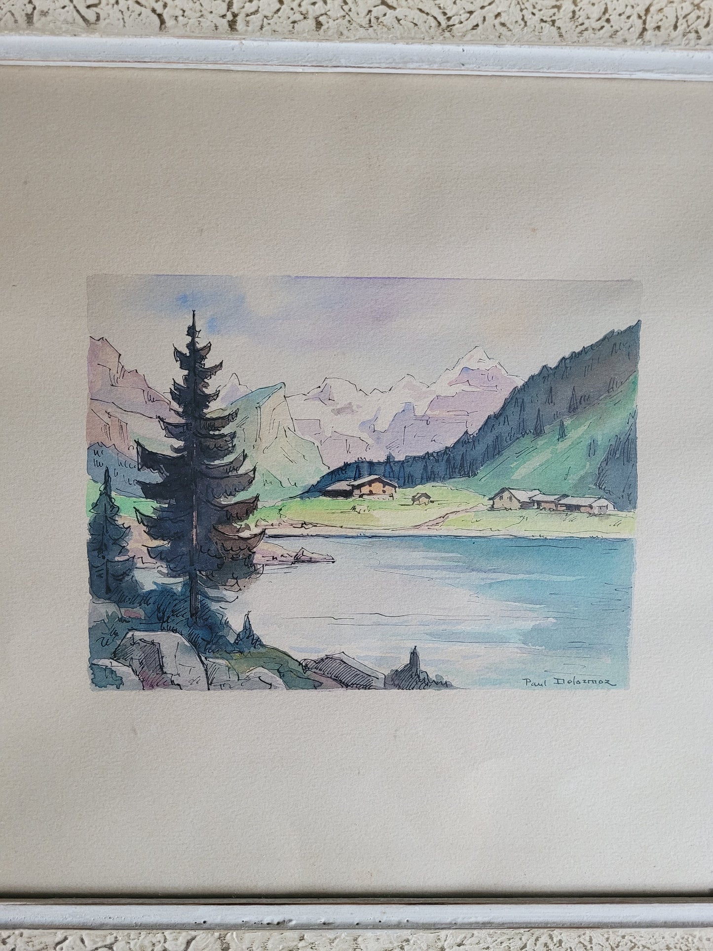 Tableau aquarelle paysage de montagne signé - Ref 384
