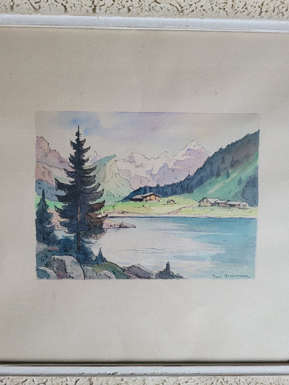 Tableau aquarelle paysage de montagne signé - Ref 384