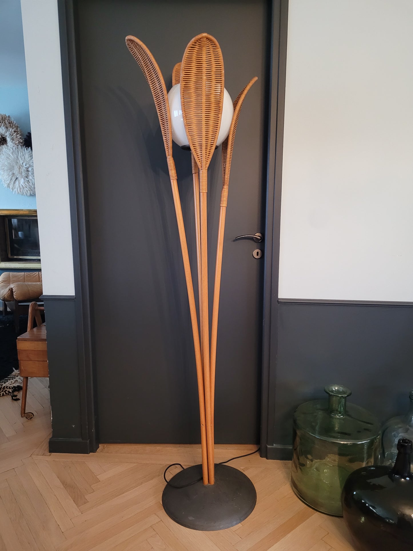 Lampadaire palmier vintage en rotin - Ref 581