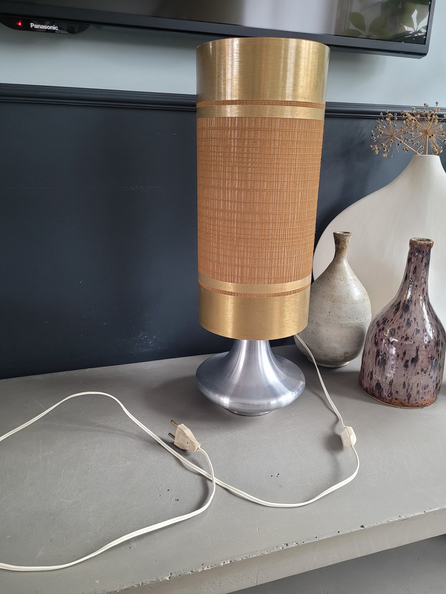Lampe à poser vintage pied aluminium brossé - abat-jour cylindre- Ref 802