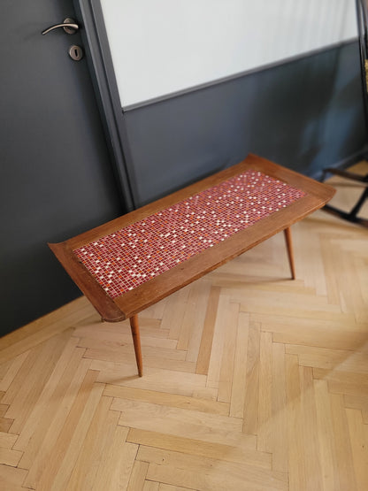 Table basse vintage en teck et mosaïque pieds compas - Ref 881