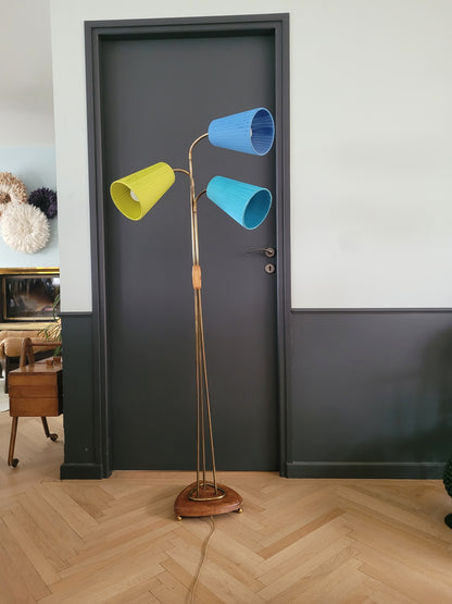 Lampadaire 3 feux années 30 abat-jour colorés- Ref 803