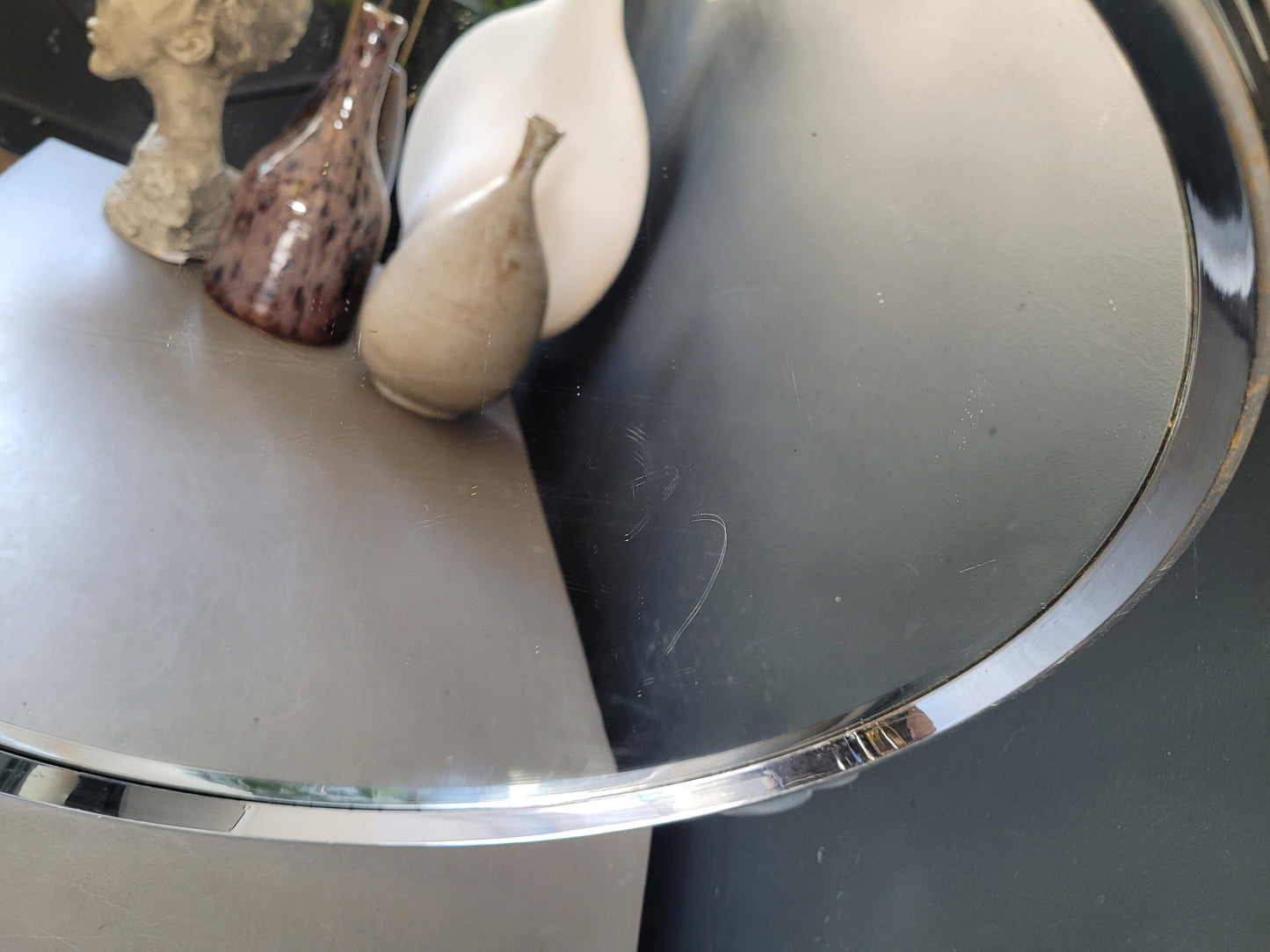 Plateau miroir en métal argenté vintage - Ref 693