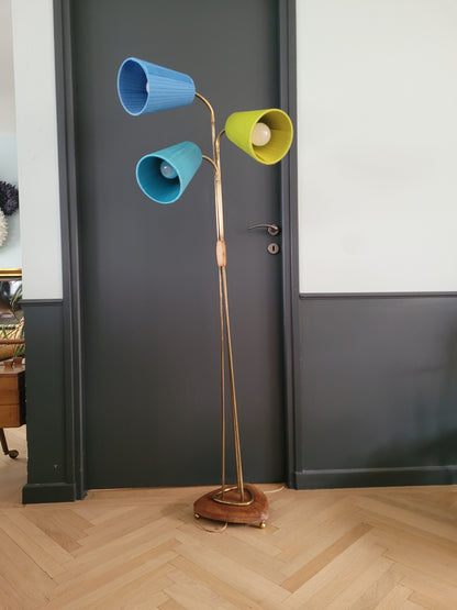 Lampadaire 3 feux années 30 abat-jour colorés- Ref 803