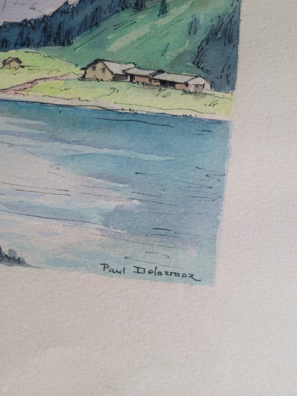 Tableau aquarelle paysage de montagne signé - Ref 384