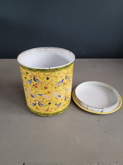 Boîte cylindrique en fer blanc- Oiseaux sur fond jaune- Ref 758