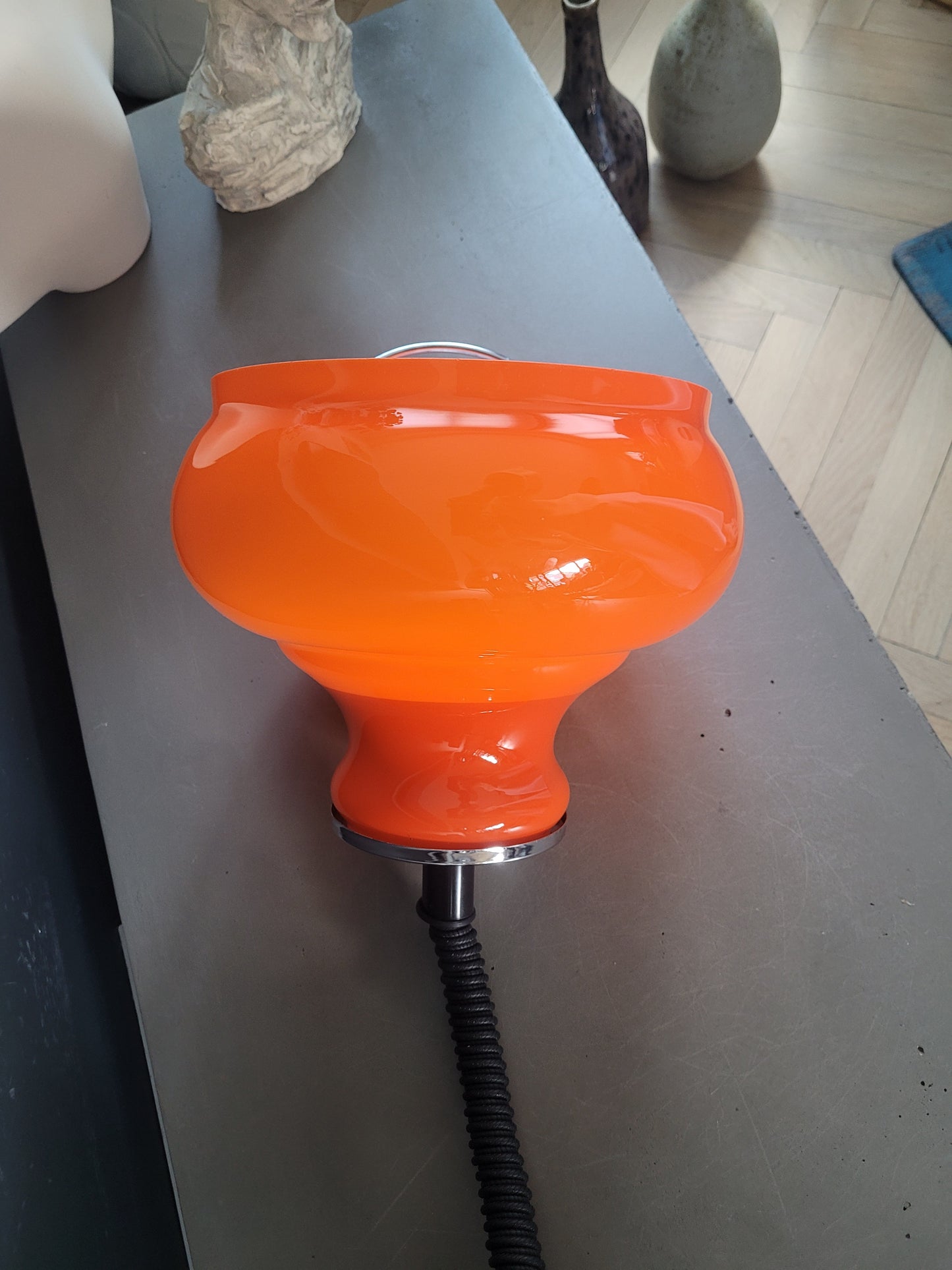 Suspension vintage en verre orange avec système monte et baisse - Ref 968