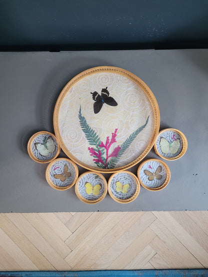 Plateau et 6 sous-verres papillons vintages en bambou - Ref 465