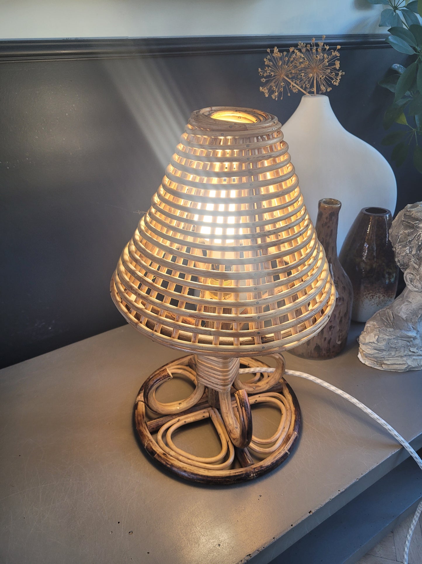 Lampe à poser vintage en bambou et rotin - Ref 780