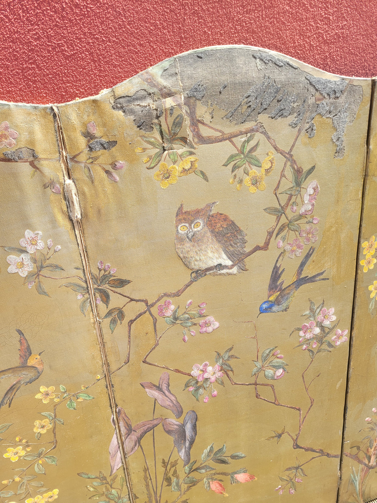 Paravent ancien peint à la main motifs oiseaux - Ref 1235