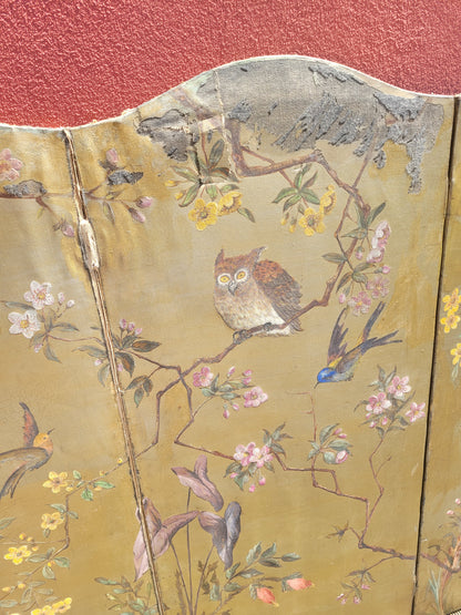 Paravent ancien peint à la main motifs oiseaux - Ref 1235