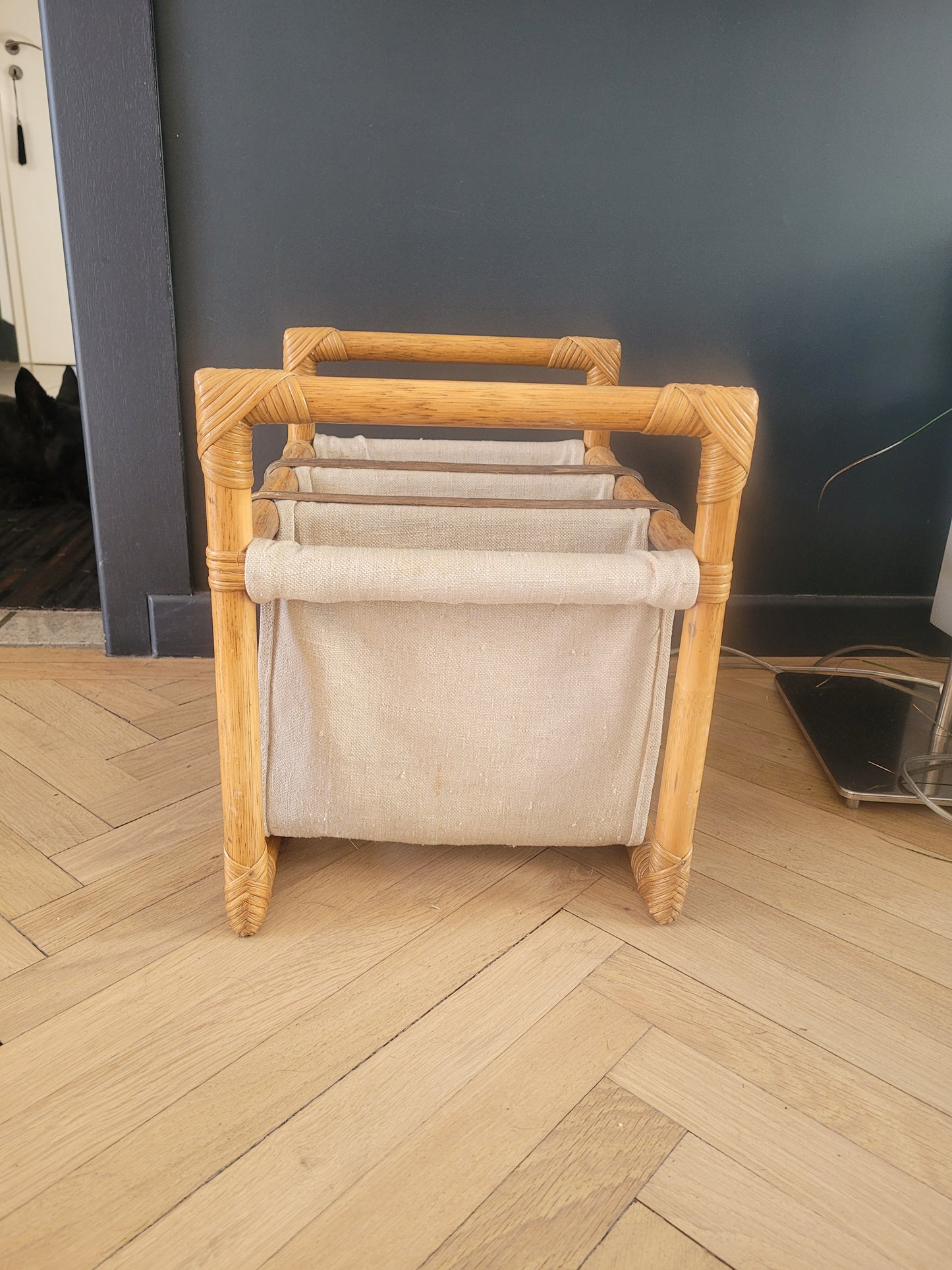Porte-revues vintage en bambou, rotin et toile - Ref 687