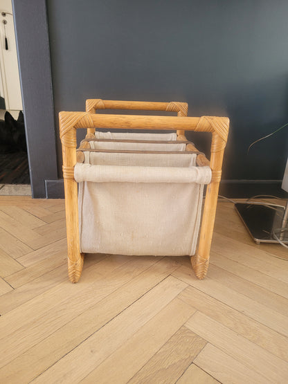 Porte-revues vintage en bambou, rotin et toile - Ref 687