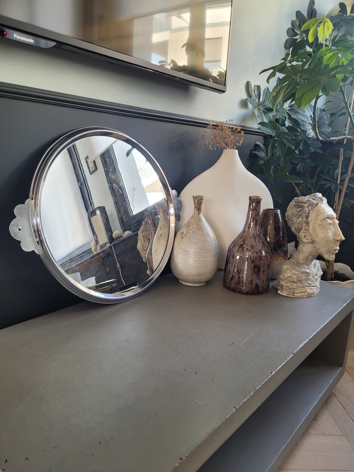 Plateau miroir en métal argenté vintage - Ref 693