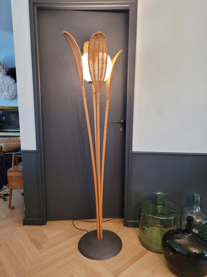 Lampadaire palmier vintage en rotin - Ref 581