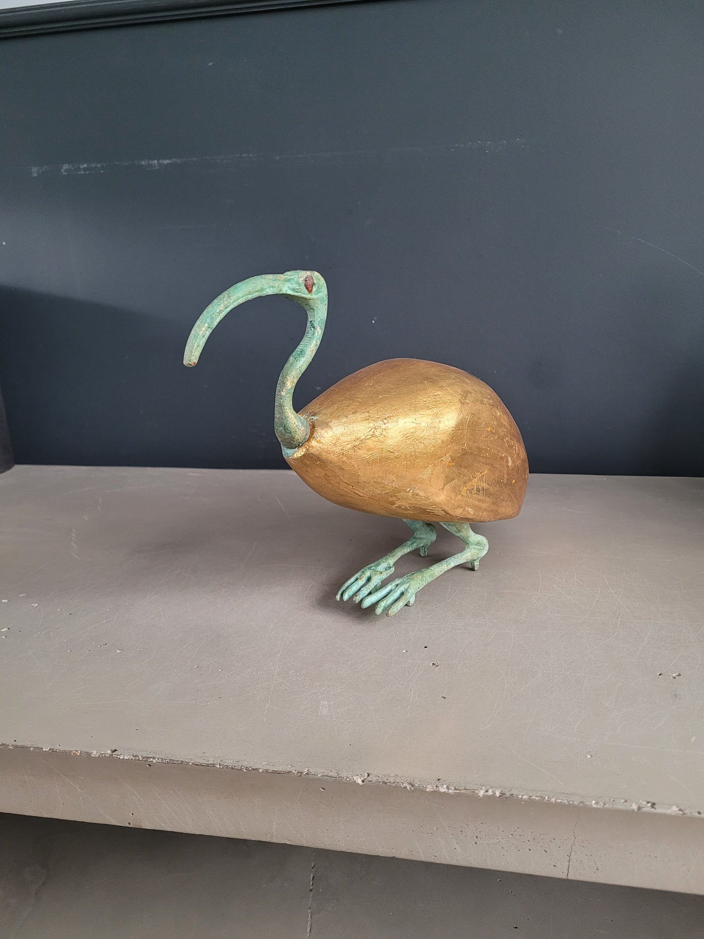 Oiseau décoratif en bois doré et métal vert de gris - Ref 766