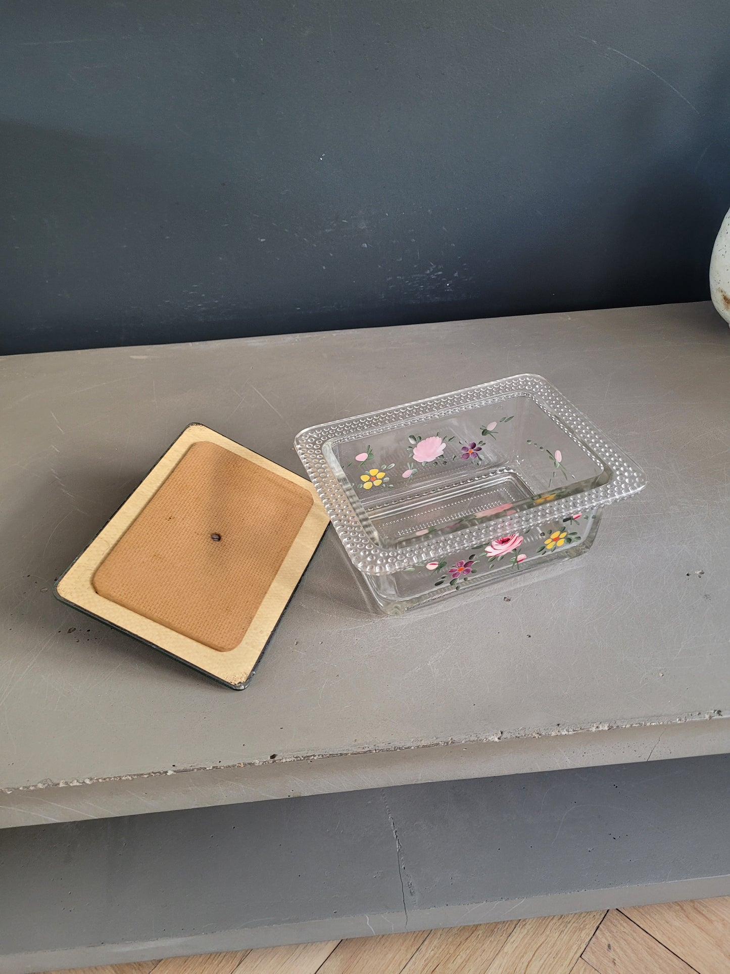 Boîte à sucre en verre peint à la main avec couvercle miroir - Ref 875