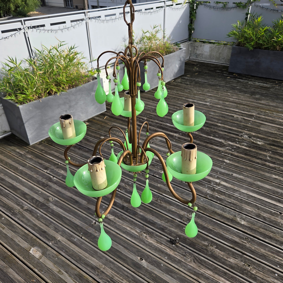 Lustre italien 5 feux en verre opalin vert à l'uranium - ouraline - Ref 1424