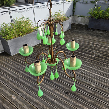 Lustre italien 5 feux en verre opalin vert à l'uranium - ouraline - Ref 1424