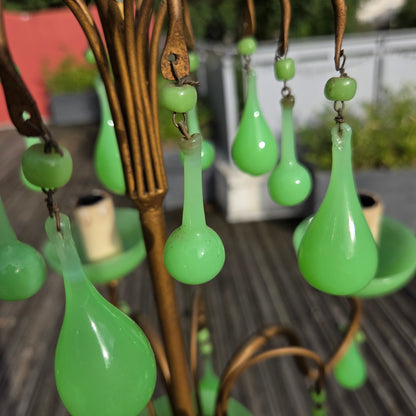 Lustre italien 5 feux en verre opalin vert à l'uranium - ouraline - Ref 1424