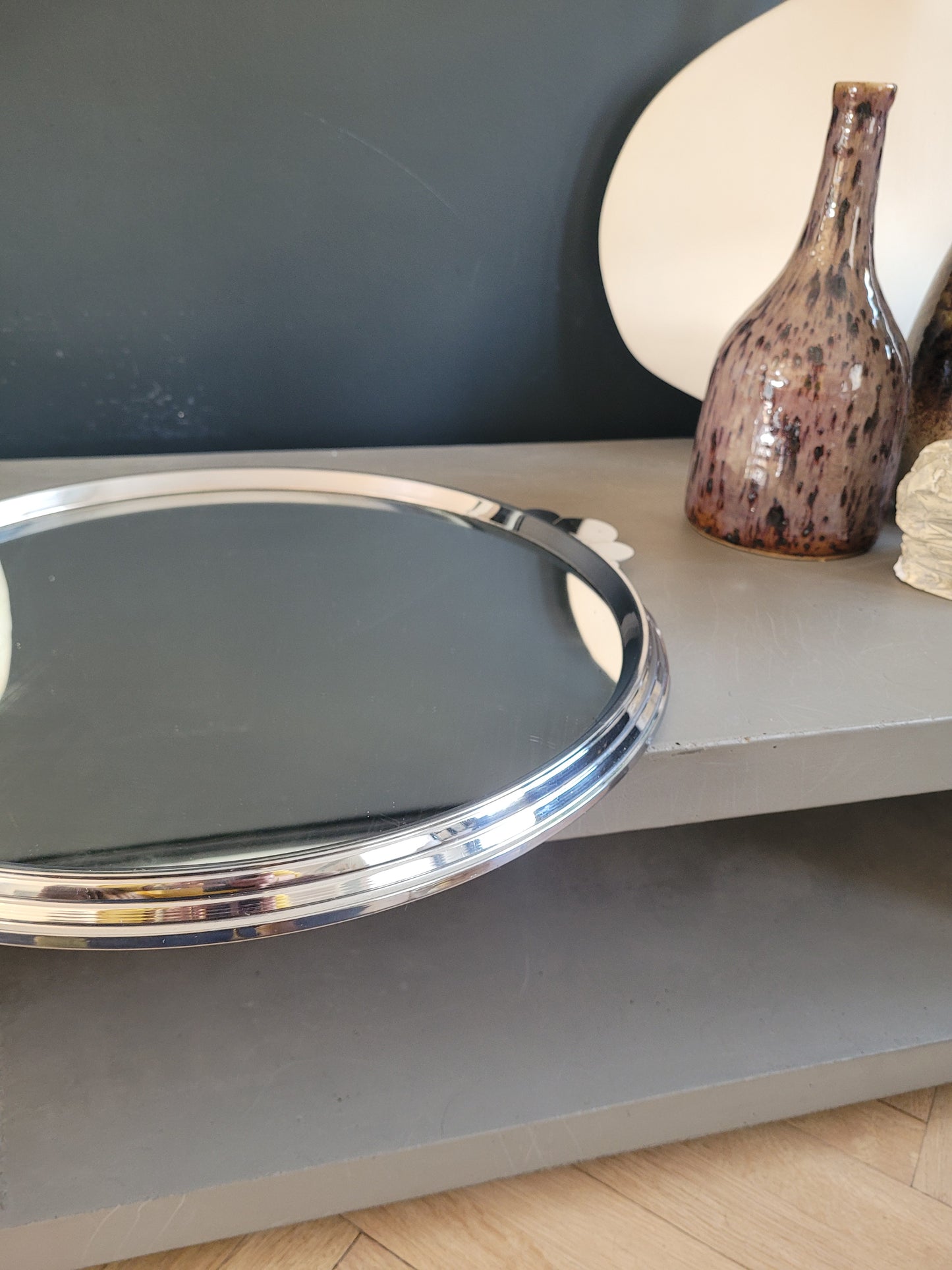Plateau miroir en métal argenté vintage - Ref 693