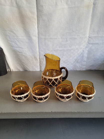 Service à orangeade en verre ambré et osier - Ref 809