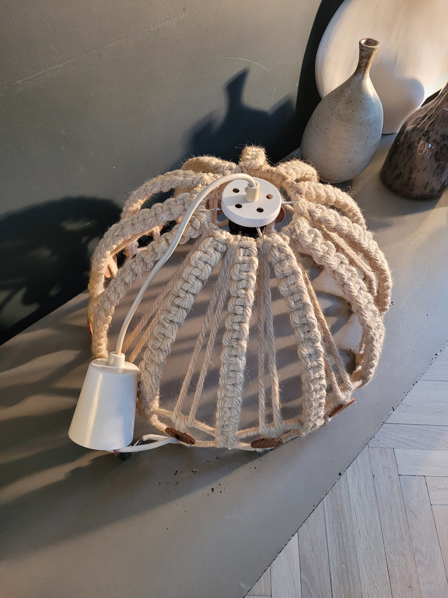 Suspension vintage en macramé et bois - Ref 736