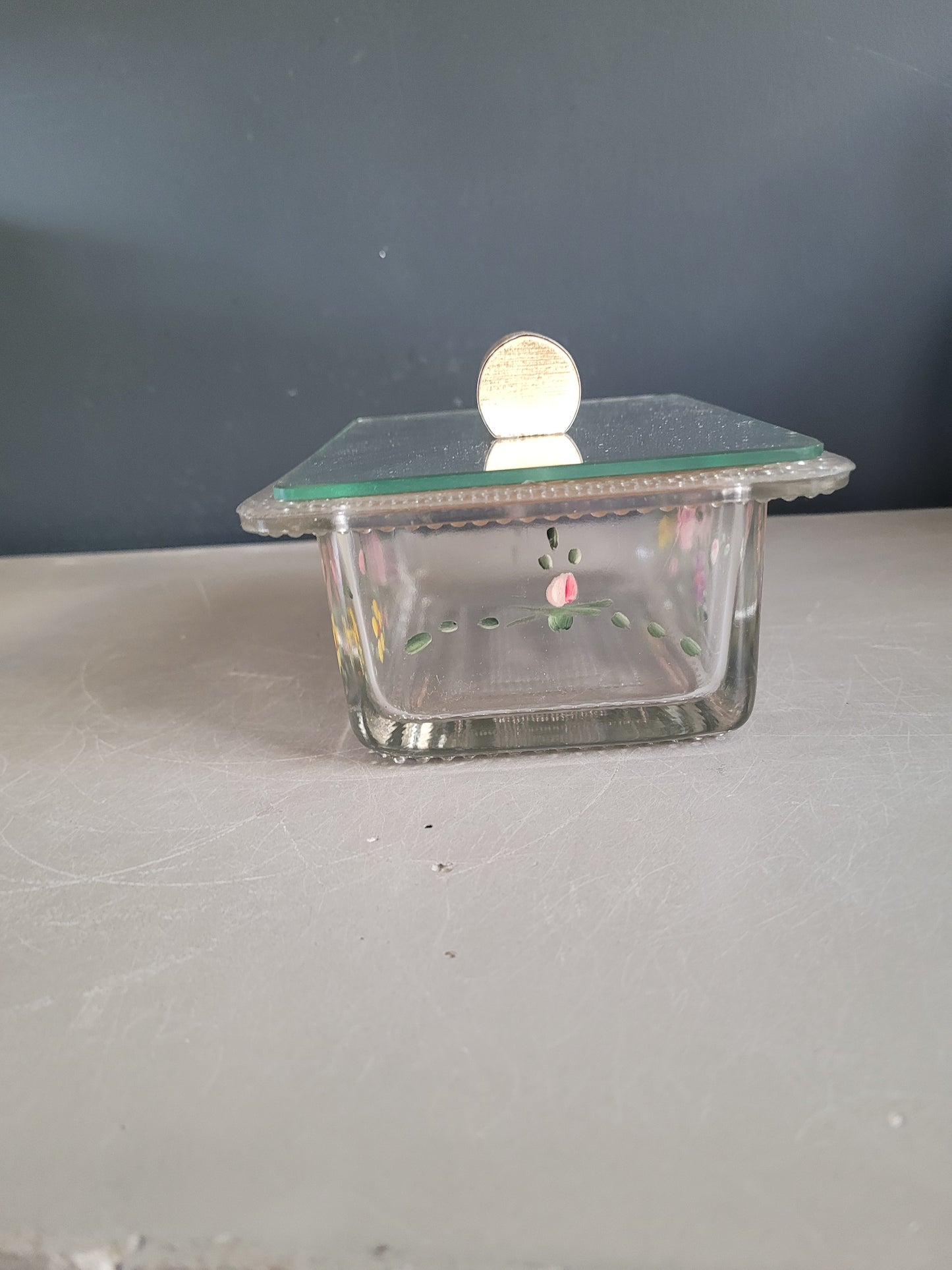 Boîte à sucre en verre peint à la main avec couvercle miroir - Ref 875
