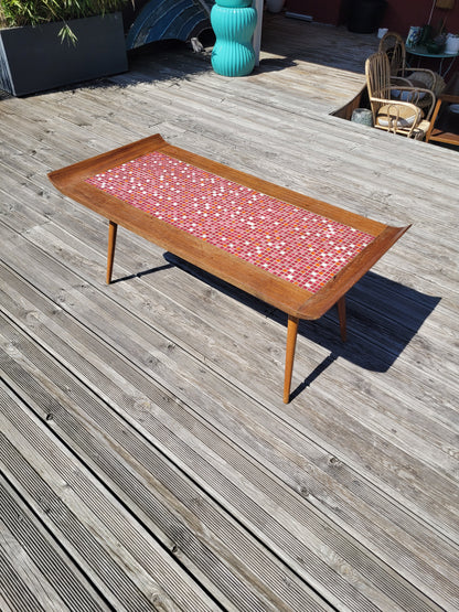 Table basse vintage en teck et mosaïque pieds compas - Ref 881