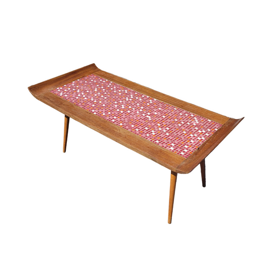 Table basse vintage en teck et mosaïque pieds compas - Ref 881