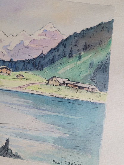 Tableau aquarelle paysage de montagne signé - Ref 384