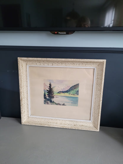 Tableau aquarelle paysage de montagne signé - Ref 384